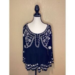 Anthropologie Black Blouse with White Embroidery